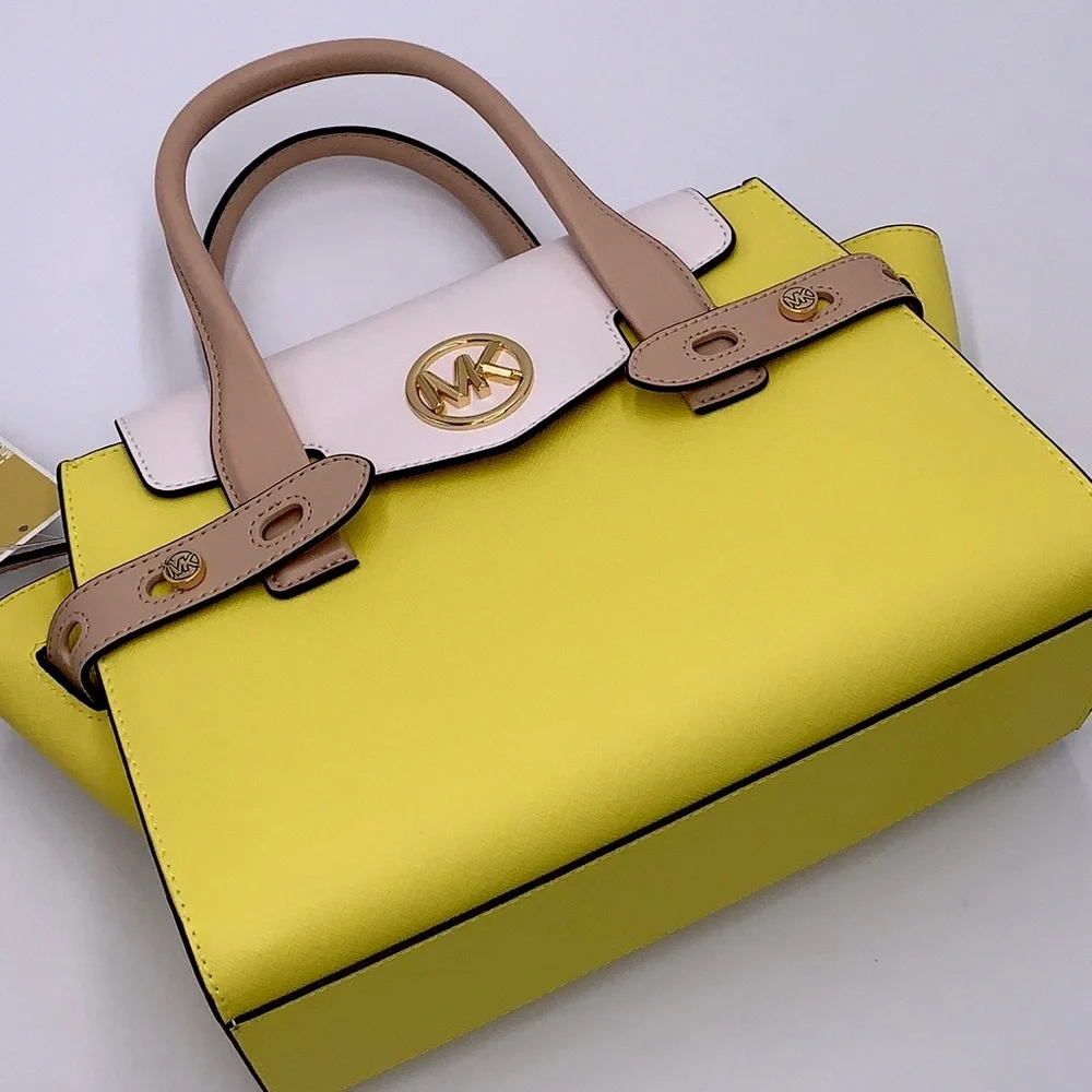 MICHAEL KORS Carmen Medium Faux Leather Belted Satchel SUNSHINE MULTI COLOR